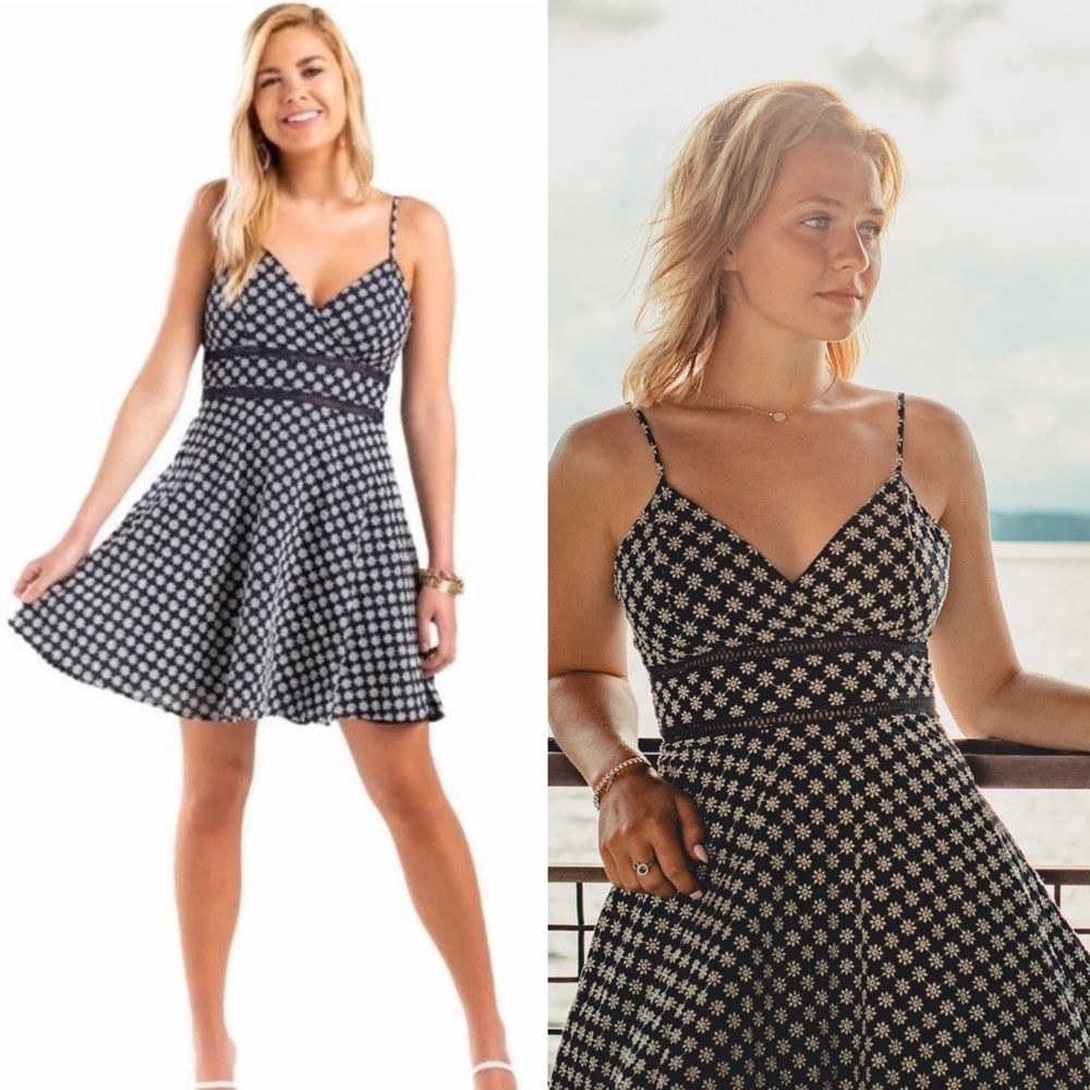 Trixxi Navy Blue & White Embroidered Floral V-Neck Mini Dress Women’s Size Small